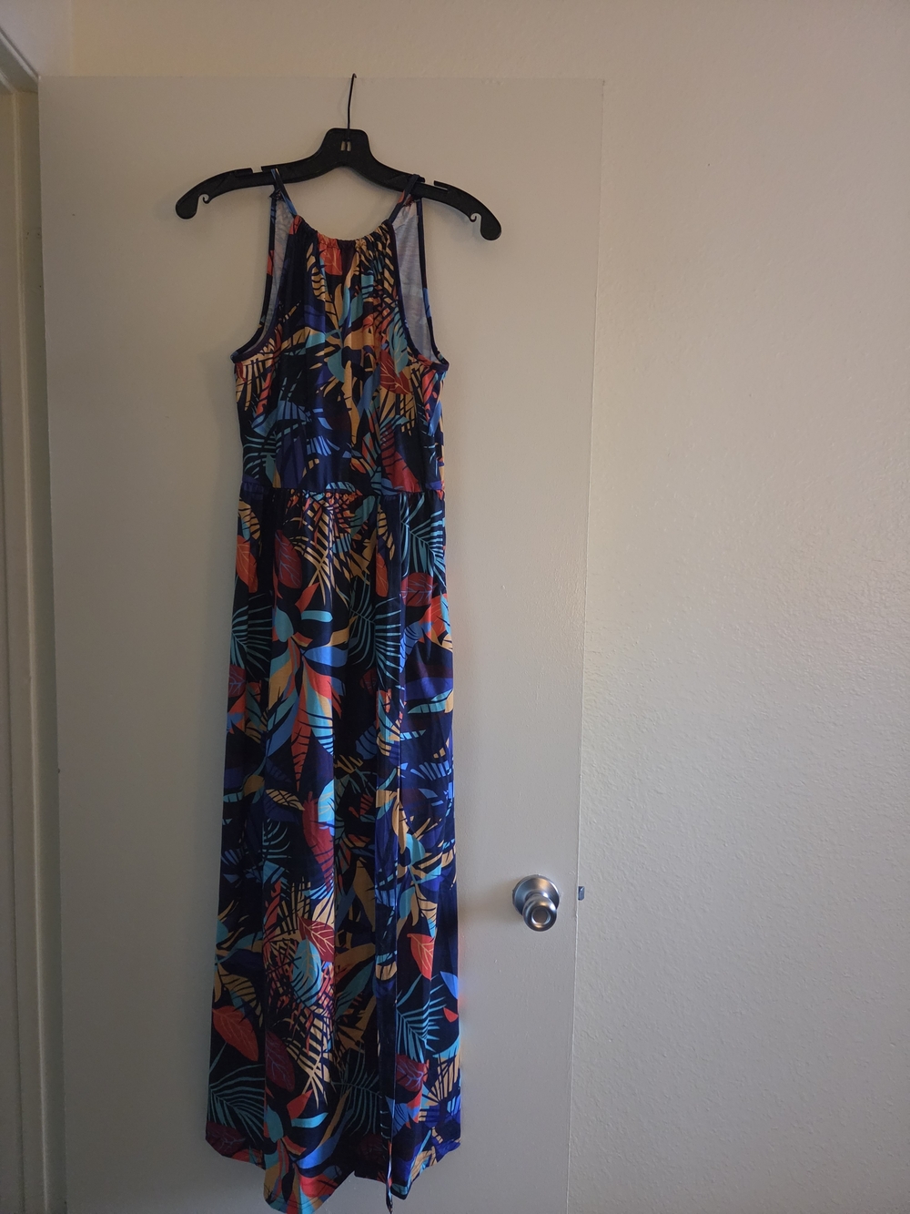 Colorful Tropical Maxi Dress with Gathered Neckline